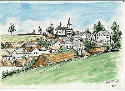 Kresba vesničky v roce 1930 - tehdy bylo tatínkovi 13 let