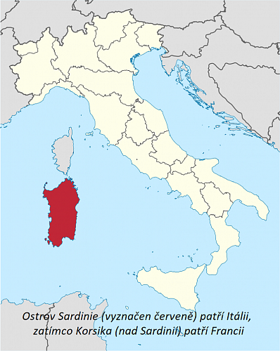 Ostrov Sardinie (na mapce vyznačen červeně) patří Itálii