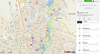Mapka s vyznačením trasy z náměstí přes park do Vršovic a zpět přes Pražskou