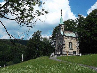 Riedlova hrobka zblízka, v levém dolním rohu komíny sklárny