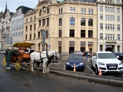 Koně s povozem i pod kapotou...v Karlových Varech