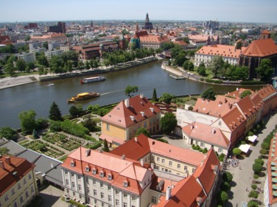 Kuk na Wroclaw z věže kostela