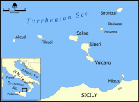 Mapa Liparských ostrovů v Tyrénském moři u Sicílie