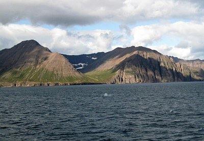 fjord u Akureyri, v dálce plave velrybka a právě si odfrkla