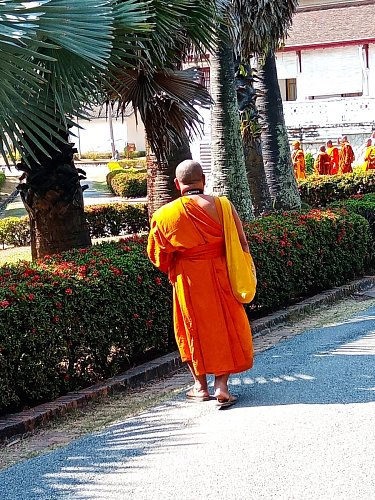Mnich před muzeem v Luang Prabangu