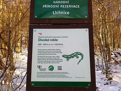 Informační panel o divokých roklích okolo (nejznámější je Lovětínská)