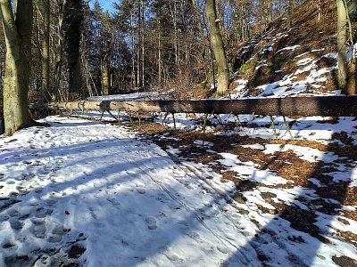 Ta překážka se obejít nedá, vlevo je rokle. Musí se přelézt či překročit.