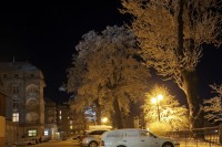 Jeseník - Lázně, zimní večer před Priessnitzovým sanatoriem
