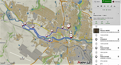 Mapa - trasa podél obou břehů Sázavy od Havlíčkova Brodu k Perknovu a zpět