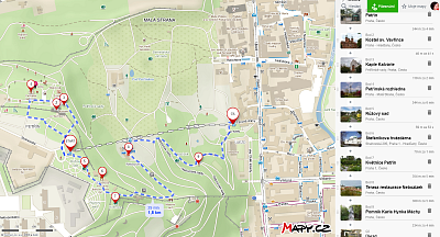 Mapka s vyznačenými našimi zastávkami v Petřínských sadech